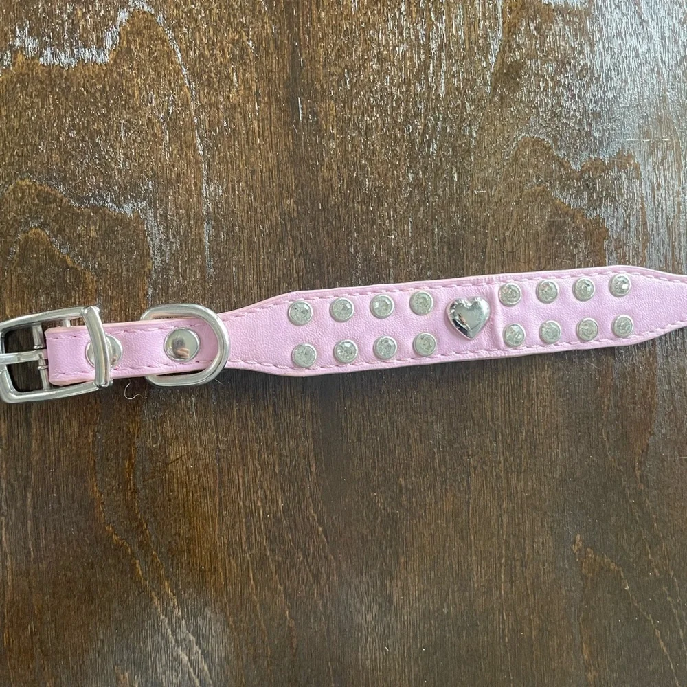 Pretty Pink Dog Collar With Heart And Rhinestones 11 1/2”